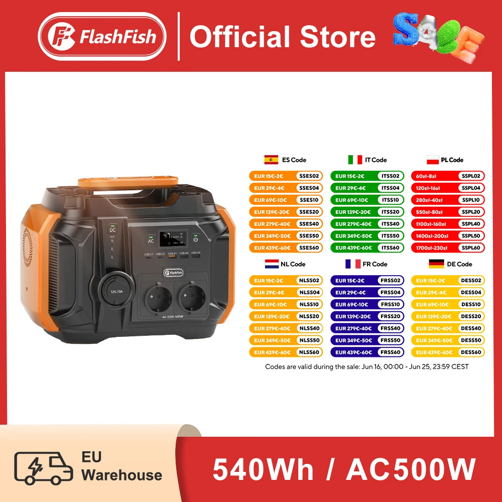 FF Flashfish AC 230V 500W(Peak 1000W) Portable Power Station EU Solar Generator 540Wh 120W DC Power Battery Camping Outdoor RV