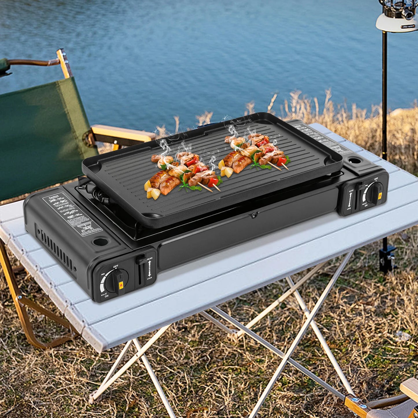 Portable Camping Stove Dual Burner With Grill Tray