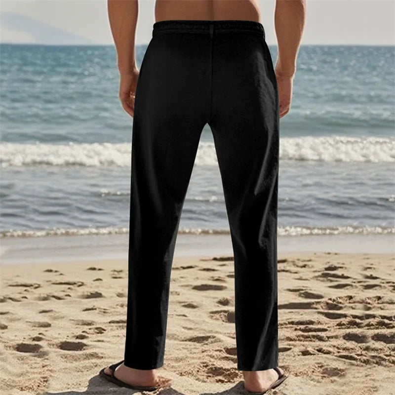 Mens Lightweight Linen Drawstring Pants With Pockets Beach