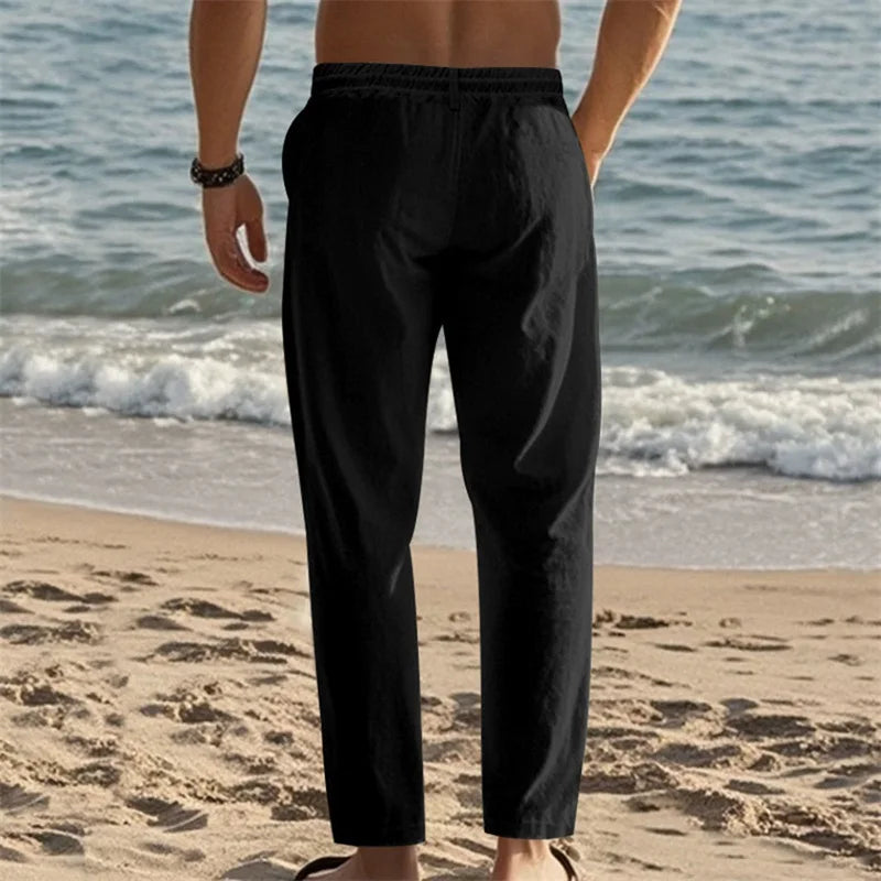 Mens Lightweight Linen Drawstring Pants With Pockets Beach