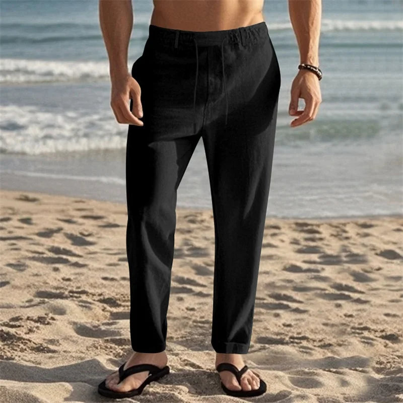 Mens Lightweight Linen Drawstring Pants With Pockets Beach