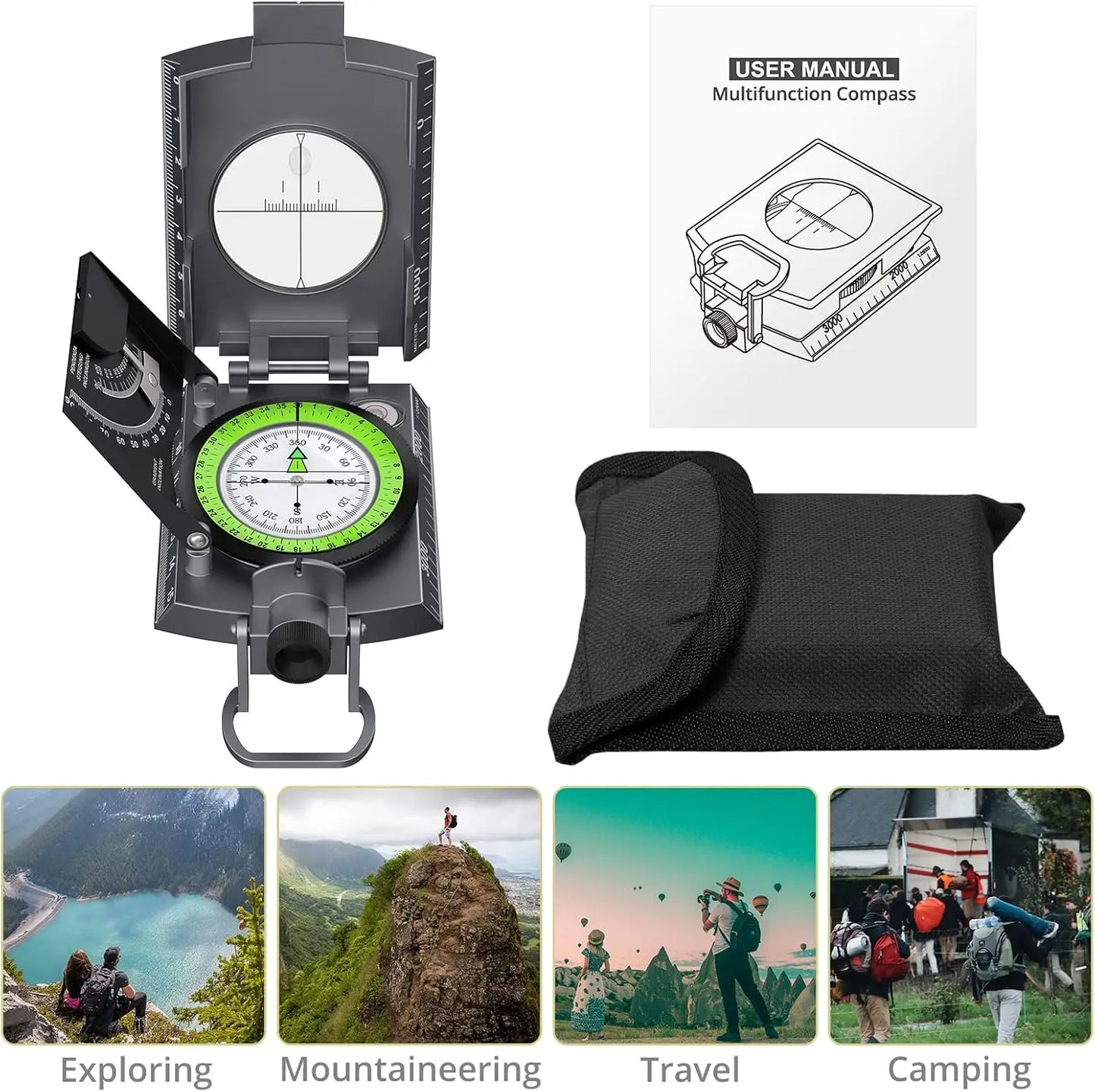Anbte Hiking Compass Waterproof Metal Clinometer Camping