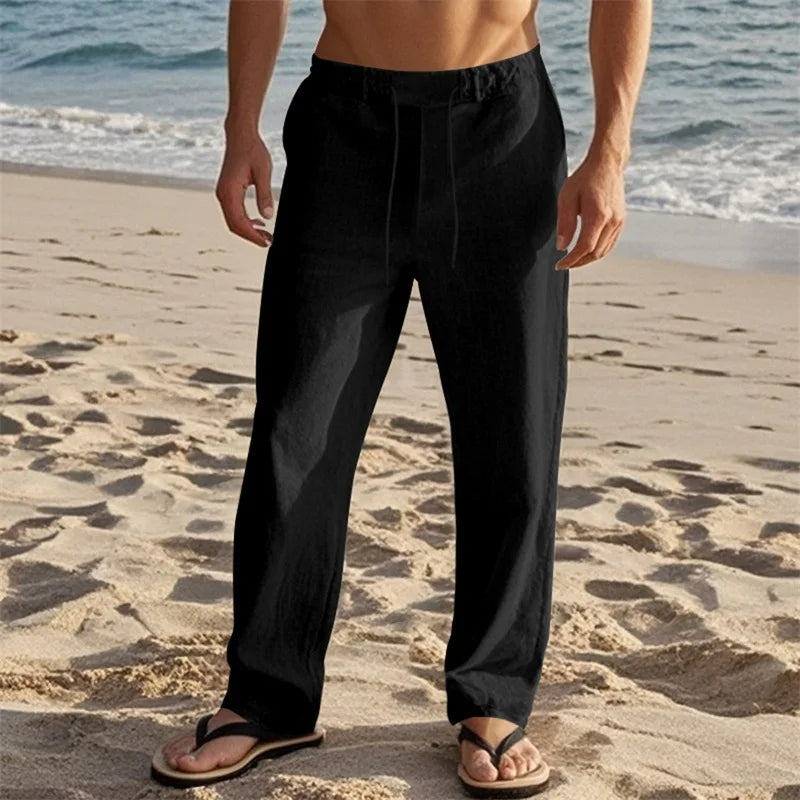 Mens Lightweight Linen Drawstring Pants With Pockets Beach