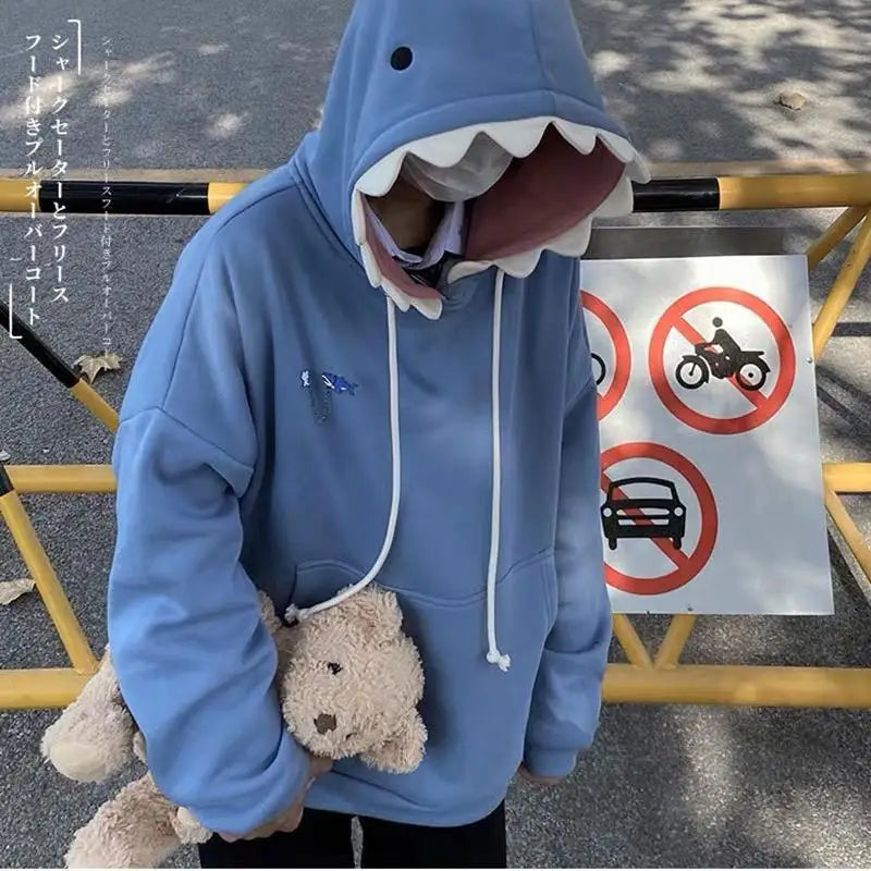 Kawaii Shark Hoodie Plush Fleece Oversized Unisex Pullover