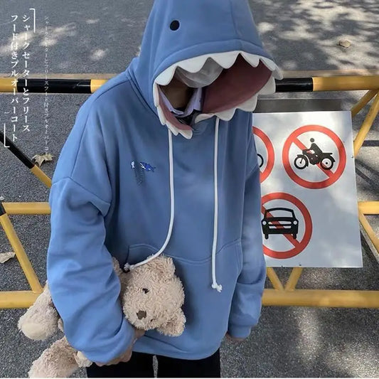 Kawaii Shark Hoodie Plush Fleece Oversized Unisex Pullover