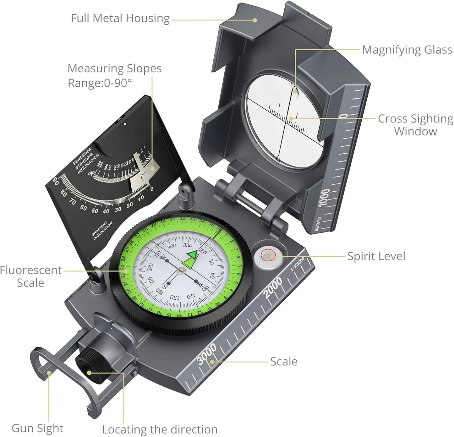 Anbte Hiking Compass Waterproof Metal Clinometer Camping